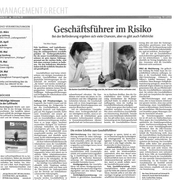 Cover zu Dt. Logistikzeitung: Geschäftsführer im Risiko